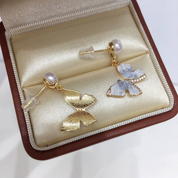 Women's Natural Freshwater Pearl Sterling Silver Oblate Butterfly Earrings