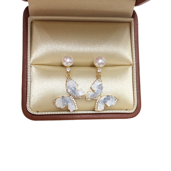 Women's Natural Freshwater Pearl Sterling Silver Oblate Butterfly Earrings