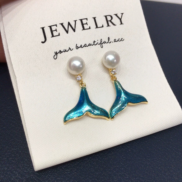Women's Natural Freshwater Pearl Stud Earrings With Iridescent Fishtail Blue Whale Tail Design Alloy Inlaid With Artificial And Semiprecious Stones Oblate Shape