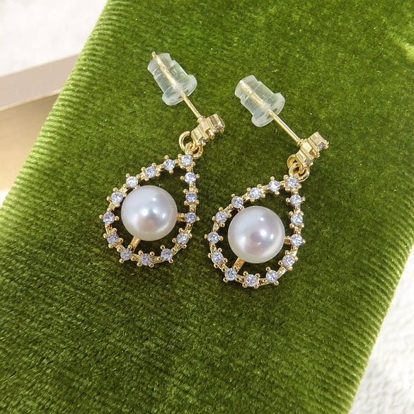 Women's Natural Freshwater Pearl Zircon Drop Earrings With 18K Gold Color Preservation Oblate Shape