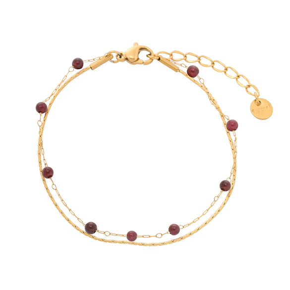 Women's Natural Garnet Beaded Double Layer Titanium Steel And 18K Gold Electroplated Geometric Fashion Bracelet