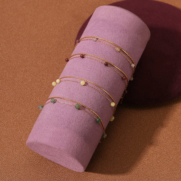 Women's Natural Garnet Beaded Double Layer Titanium Steel And 18K Gold Electroplated Geometric Fashion Bracelet