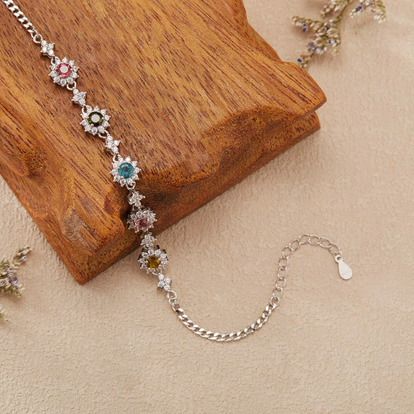 Women's Natural Gemstone Tourmaline Flower Bracelet In S925 Sterling Silver Set With Gemstones