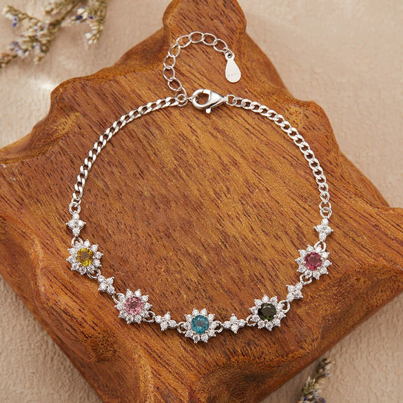 Women's Natural Gemstone Tourmaline Flower Bracelet In S925 Sterling Silver Set With Gemstones