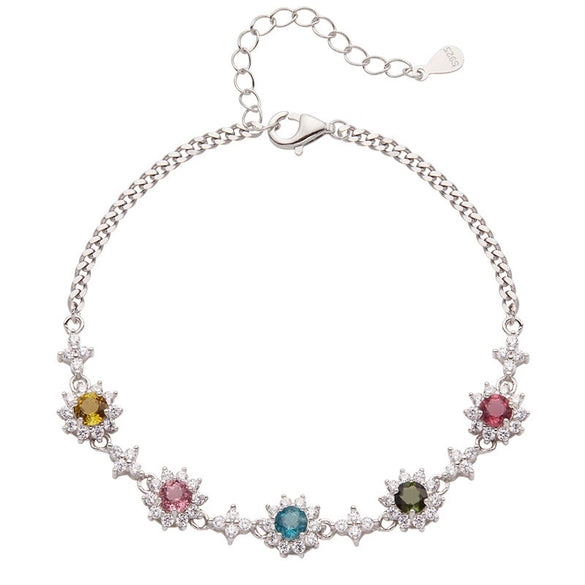 Women's Natural Gemstone Tourmaline Flower Bracelet In S925 Sterling Silver Set With Gemstones