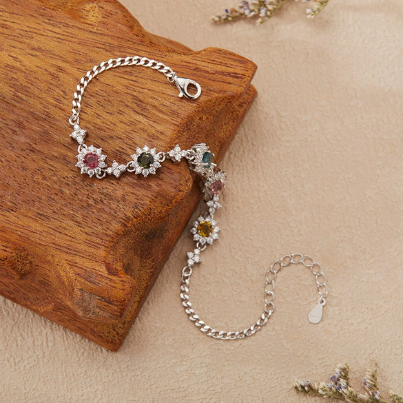 Women's Natural Gemstone Tourmaline Flower Bracelet In S925 Sterling Silver Set With Gemstones