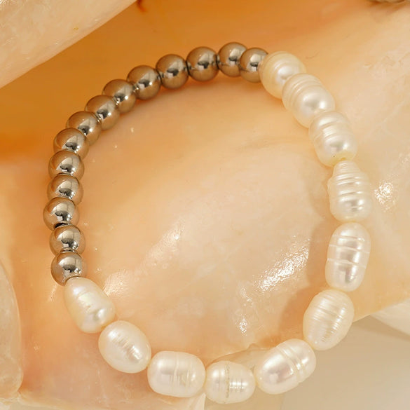 Women's Natural Geometric Freshwater Pearl 316L Stainless Steel Bracelet With Electroplating