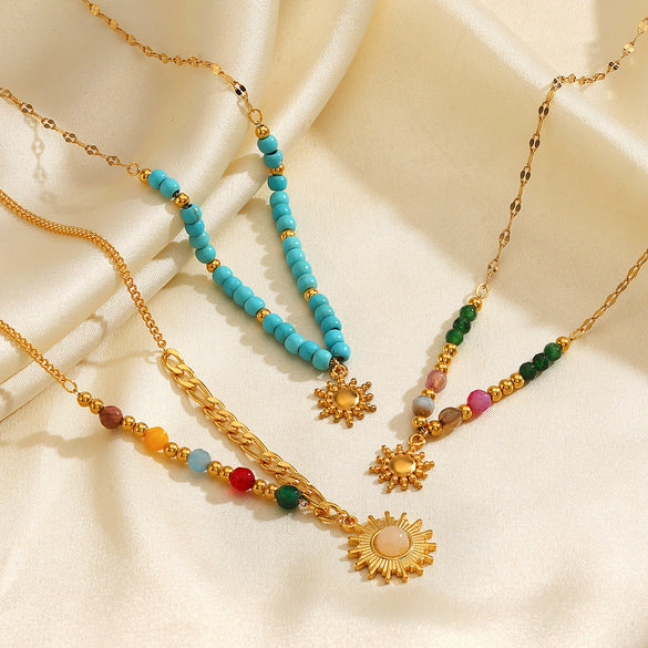 Women's Natural Geometric Stainless Steel And Titanium Steel Beaded Sun Necklace With Electroplating