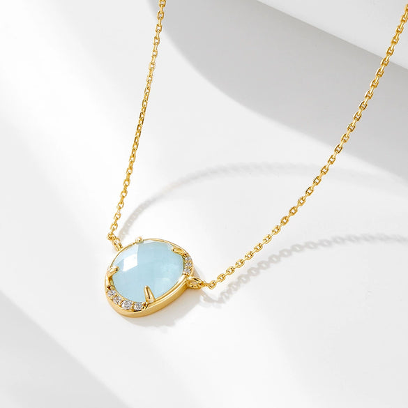 Women's Natural Haibao Sapphire Pendant Sterling Silver Necklace Oval Eggshaped Geometric Style