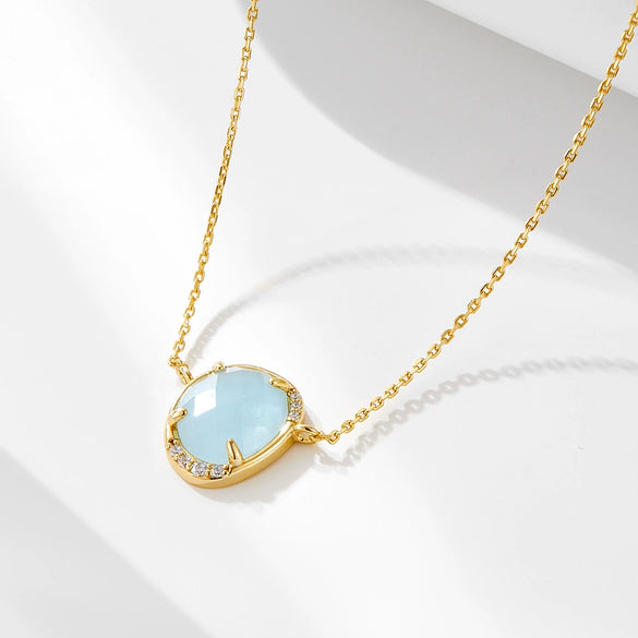 Women's Natural Haibao Sapphire Pendant Sterling Silver Necklace Oval Eggshaped Geometric Style