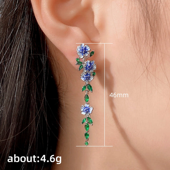 Women's Natural Long Copper Earrings With Oil Dripping Flower Design