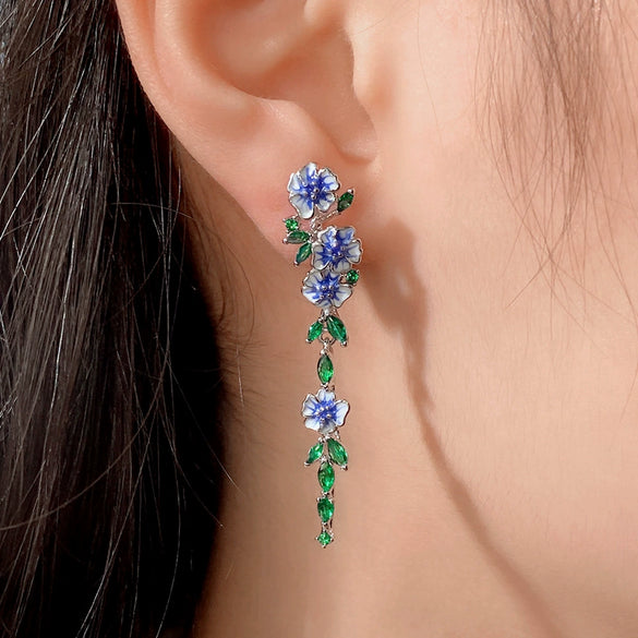 Women's Natural Long Copper Earrings With Oil Dripping Flower Design