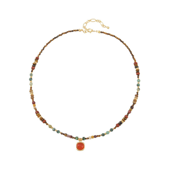 Women's Natural Mixed Stone Beaded Necklace Tiger Eye Shell Egg Yolk Stone Optimized Blue Pine Stainless Steel Copper Pendant Geometric Pattern Handmade