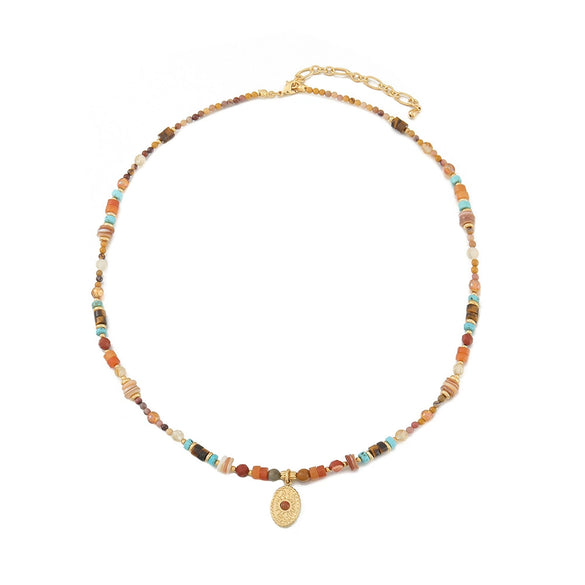 Women's Natural Mixed Stone Beaded Necklace Tiger Eye Shell Egg Yolk Stone Optimized Blue Pine Stainless Steel Copper Pendant Geometric Pattern Handmade
