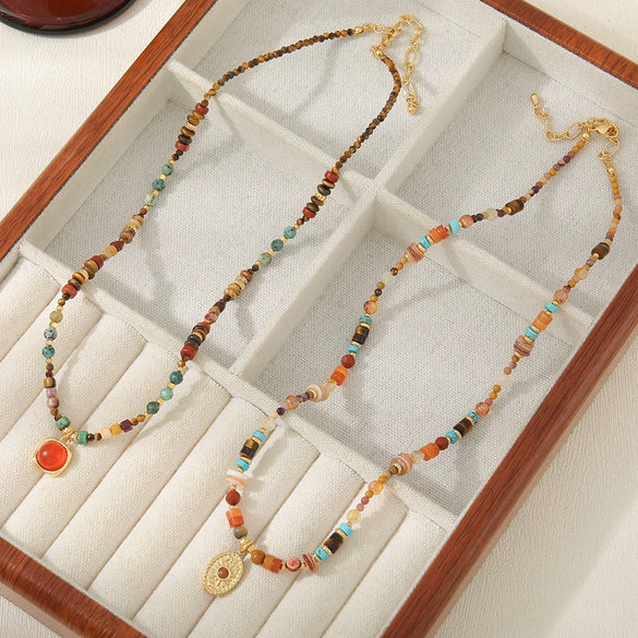 Women's Natural Mixed Stone Beaded Necklace Tiger Eye Shell Egg Yolk Stone Optimized Blue Pine Stainless Steel Copper Pendant Geometric Pattern Handmade