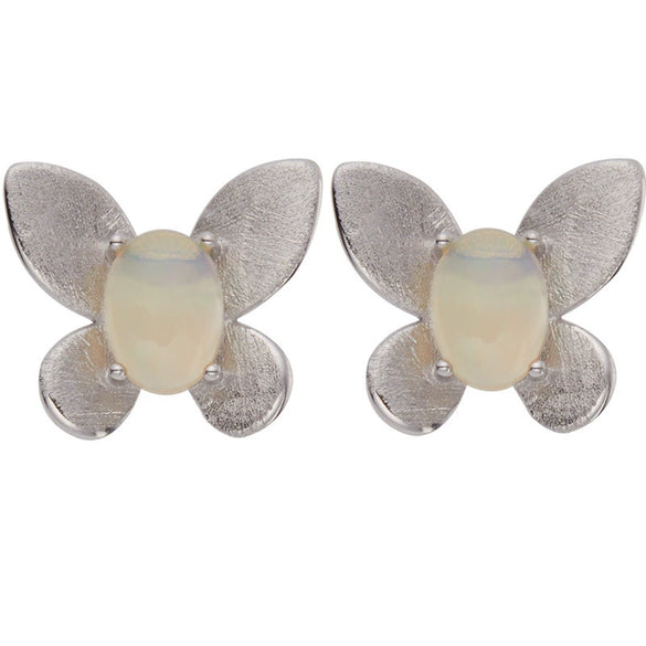 Women's Natural Opal Colored Gemstone Stud Earrings S925 Sterling Silver Animal Style Brushed