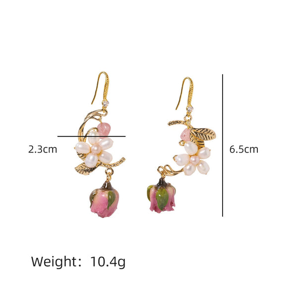 Women's Natural Pearl Flower Titanium Steel Geometric Electroplated Earrings