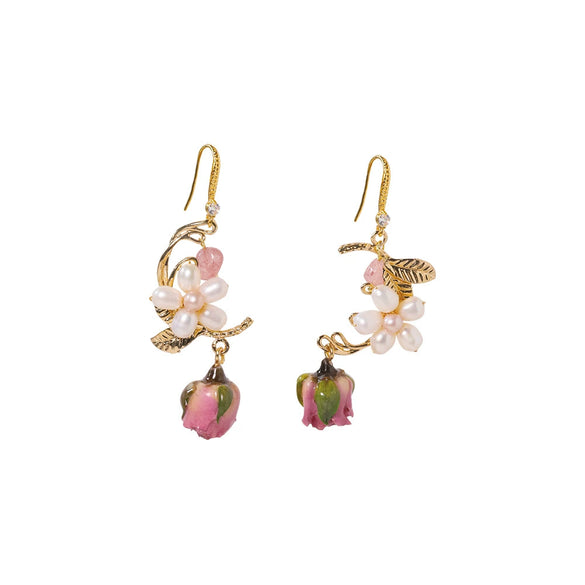 Women's Natural Pearl Flower Titanium Steel Geometric Electroplated Earrings