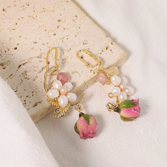 Women's Natural Pearl Flower Titanium Steel Geometric Electroplated Earrings