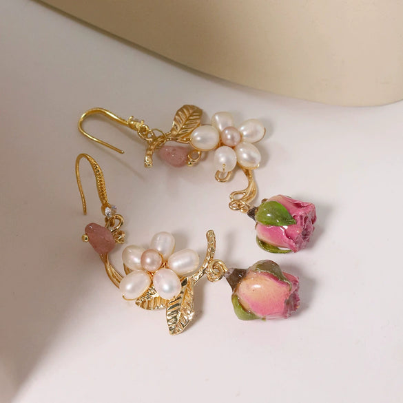 Women's Natural Pearl Flower Titanium Steel Geometric Electroplated Earrings