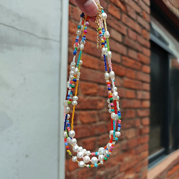 Women's Natural Pearl Geometric Style Hand Knitted Ball Chain Clavicle Necklace
