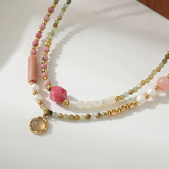 Women's Natural Redstone And Freshwater Pearl Stainless Steel Beaded Necklace Handmade Geometric Design Jewelry