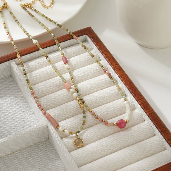 Women's Natural Redstone And Freshwater Pearl Stainless Steel Beaded Necklace Handmade Geometric Design Jewelry