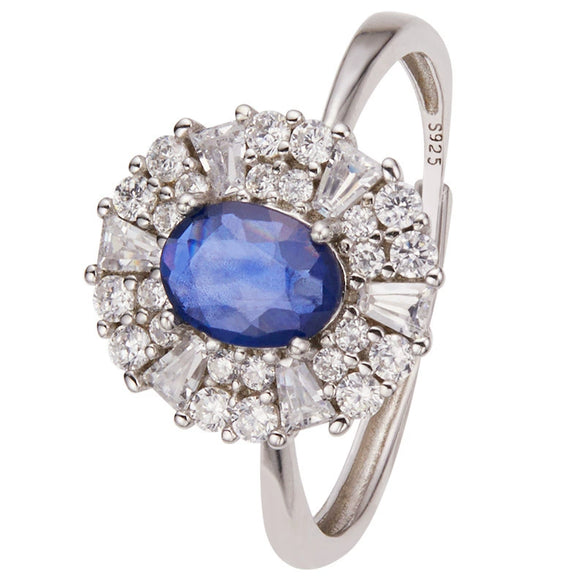 Women's Natural Sapphire Gemstone Ring In S925 Sterling Silver Geometric Style Set With Gemstones