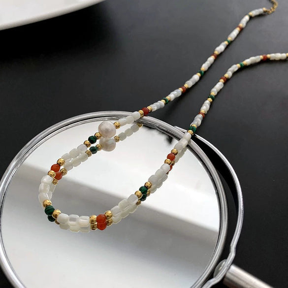 Women's Natural Stone And Titanium Steel Geometric Handmade Baroque Beaded Clavicle Chain Necklace