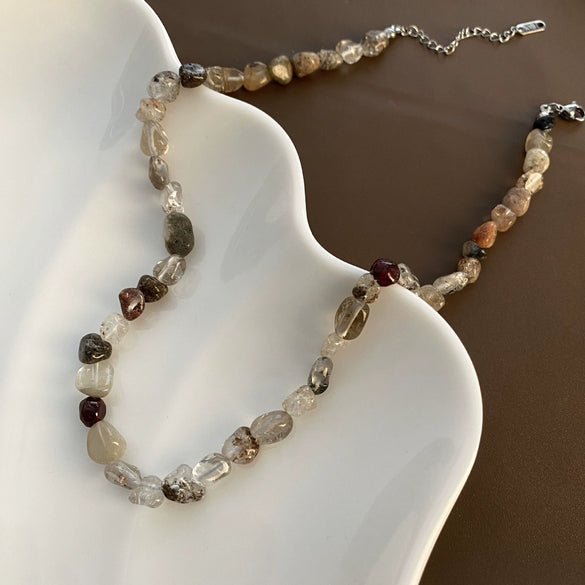 Women's Natural Stone And Titanium Steel Geometric Handmade Baroque Beaded Clavicle Chain Necklace