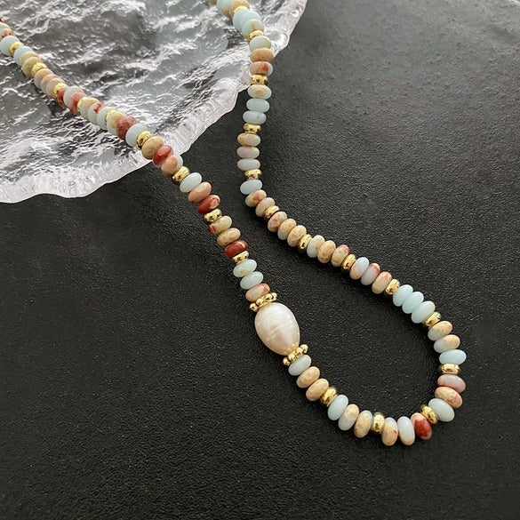 Women's Natural Stone And Titanium Steel Geometric Handmade Baroque Beaded Clavicle Chain Necklace