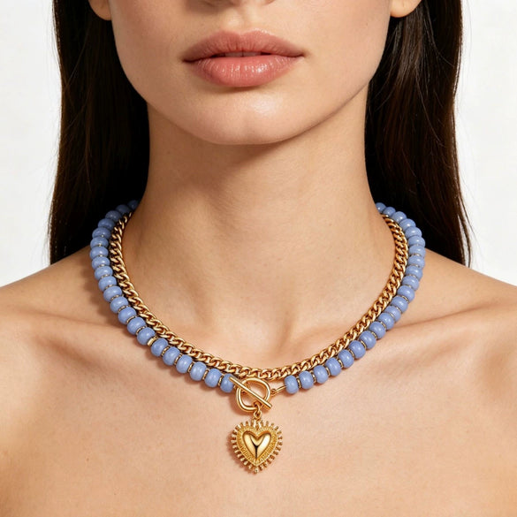 Women's Natural Stone Colorful Beaded Necklace With Heart Pendant And Ot Clasp Electroplated Metal Bead Chain Vacation Style Clavicle Necklace
