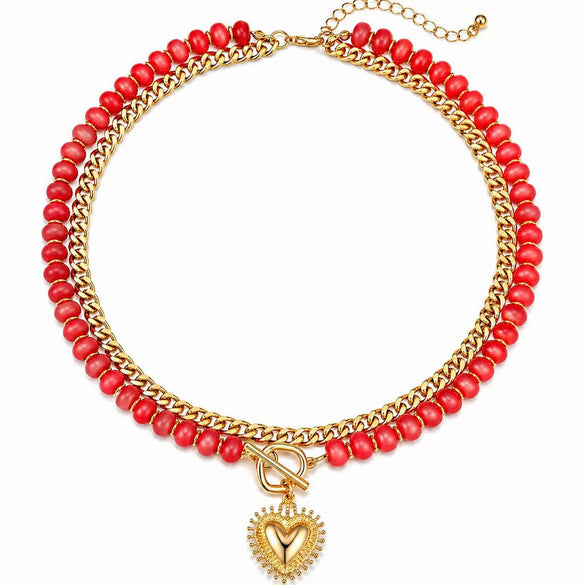 Women's Natural Stone Colorful Beaded Necklace With Heart Pendant And Ot Clasp Electroplated Metal Bead Chain Vacation Style Clavicle Necklace