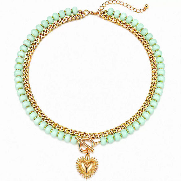 Women's Natural Stone Colorful Beaded Necklace With Heart Pendant And Ot Clasp Electroplated Metal Bead Chain Vacation Style Clavicle Necklace