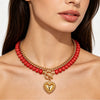 Women's Natural Stone Colorful Beaded Necklace With Heart Pendant And Ot Clasp Electroplated Metal Bead Chain Vacation Style Clavicle Necklace