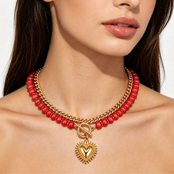 Women's Natural Stone Colorful Beaded Necklace With Heart Pendant And Ot Clasp Electroplated Metal Bead Chain Vacation Style Clavicle Necklace