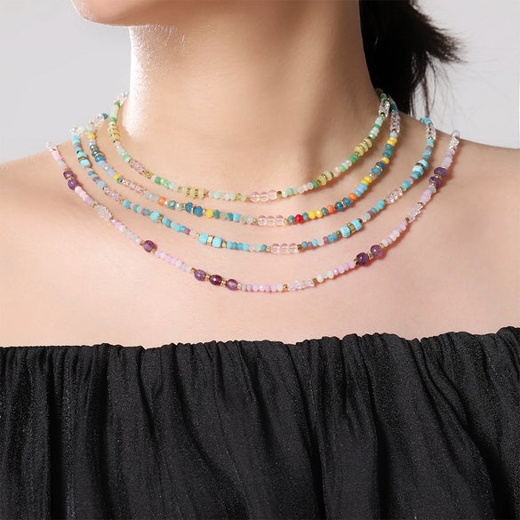 Women's Natural Stone Crystal Stainless Steel Geometric Handmade Beaded Necklace