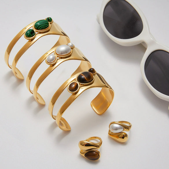 Women's Natural Stone Hollow Titanium Steel And Stainless Steel Open Bracelet With Electroplating Minimalist Style
