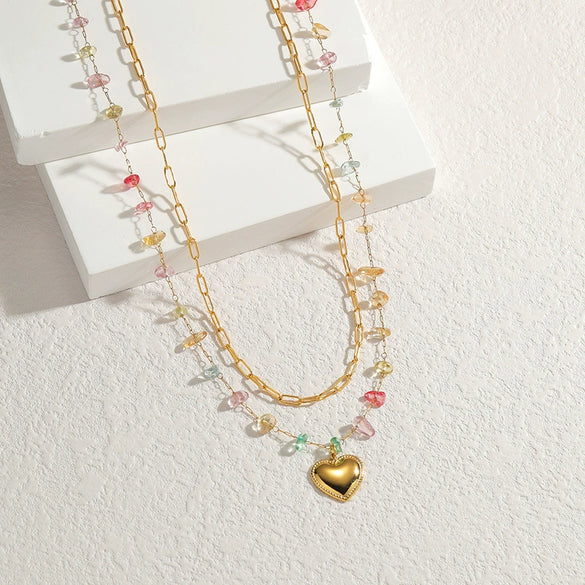 Women's Natural Stone Love Double Layer Stacked Necklace Jewelry In Fashion Style With Titanium Steel Pendant And Electroplating Treatment