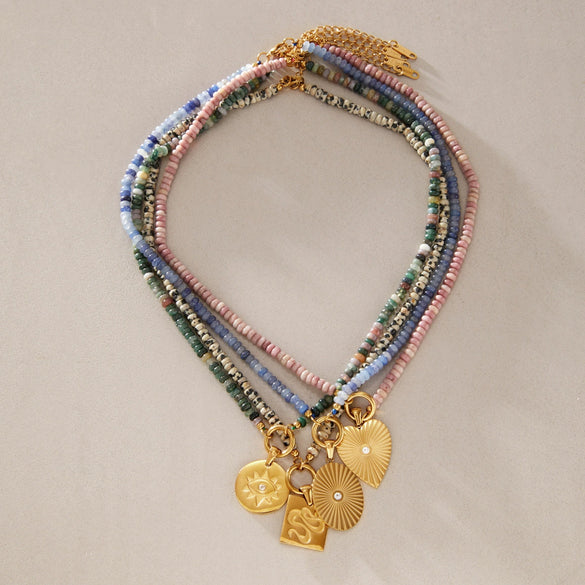 Women's Natural Stone Pendant Necklace In Stainless Steel With Geometric Design And Pvd Gold Plating