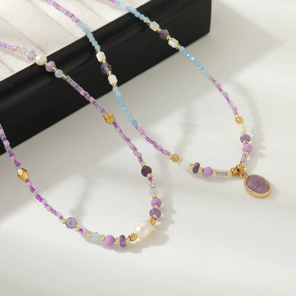 Women's Natural Stone Stainless Steel Beaded Clavicle Chain Necklace Handmade Geometric Design Light Luxury Little Fresh Style