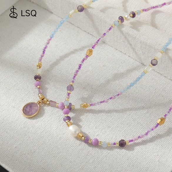 Women's Natural Stone Stainless Steel Beaded Clavicle Chain Necklace Handmade Geometric Design Light Luxury Little Fresh Style