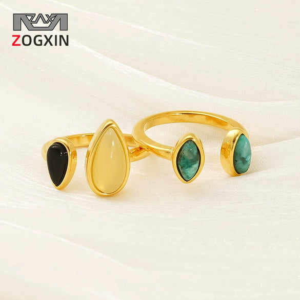 Women's Natural Stone 316L Stainless Steel Geometric Opening Ring With Electroplating