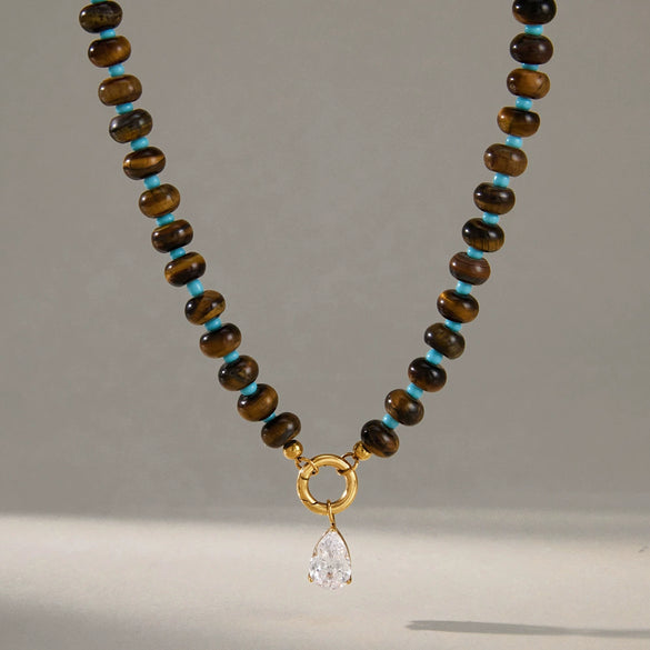 Women's Natural Stone Stainless Steel Geometric Pendant Necklace With Pvd Gold Plating And Lobster Clasp