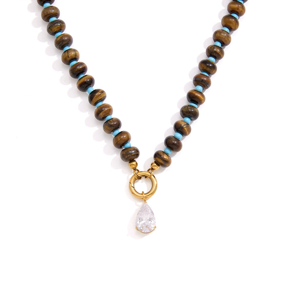 Women's Natural Stone Stainless Steel Geometric Pendant Necklace With Pvd Gold Plating And Lobster Clasp