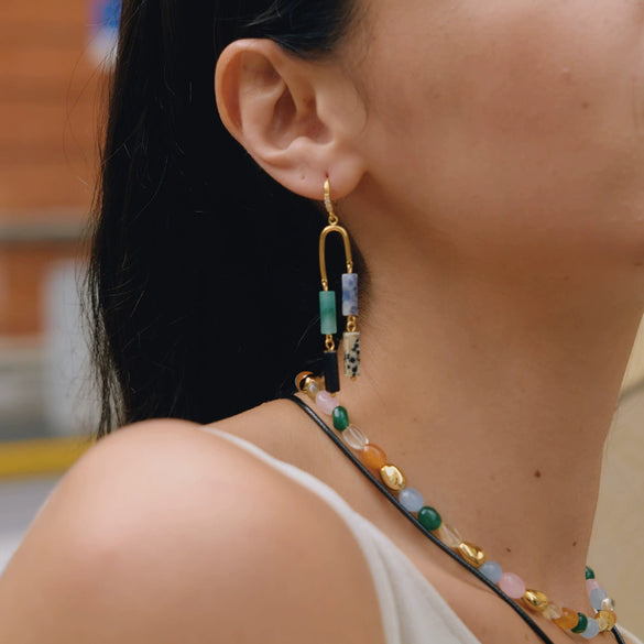 Women's Natural Stone Tassel Stainless Steel Earrings With Geometric Plated Design And Elegant Sparkling Detail