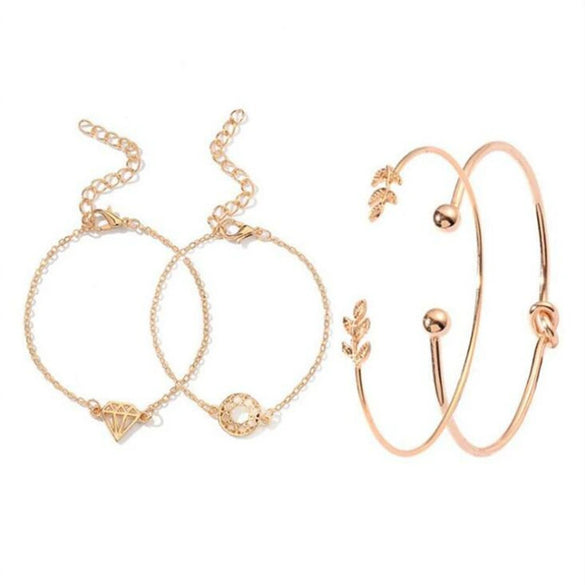 Women's Natural Style Metal Leaf Knotted Open Bracelet Set Electroplated Four Piece Bracelet Collection
