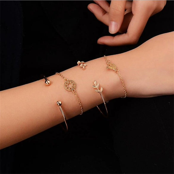 Women's Natural Style Metal Leaf Knotted Open Bracelet Set Electroplated Four Piece Bracelet Collection