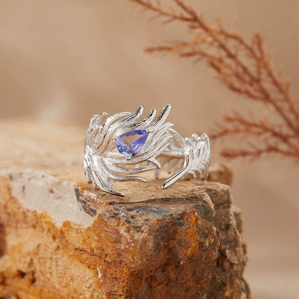 Women's Natural Tanzanite Topaz Garnet Gemstone Ring S925 Sterling Silver Feather Style Set With Gems