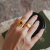 Women's Natural Tiger Eye And Sunstone Ring With Geometric Design Gold Tone Pvd Vacuum Plated Stainless Steel Jewelry